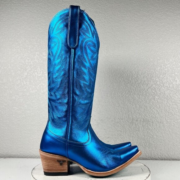 NEW Lane SMOKESHOW Womens Blue Cowboy Boots 7 Leather Western Snip Toe 15" Tall - Picture 2 of 10